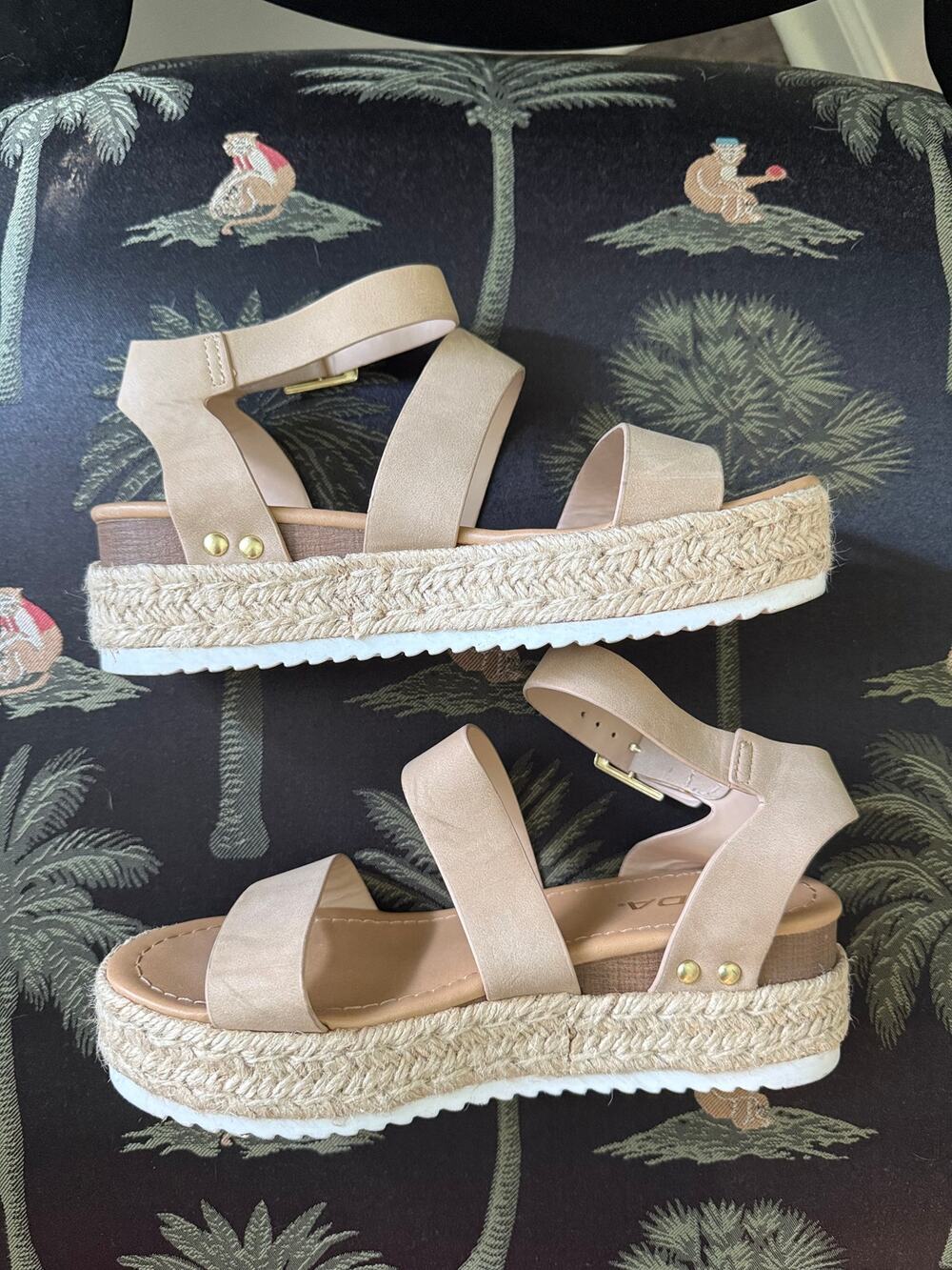 Nude Espadrille Platform Sandals Women's 7 Ankle Strap Coastal Summer Shoes